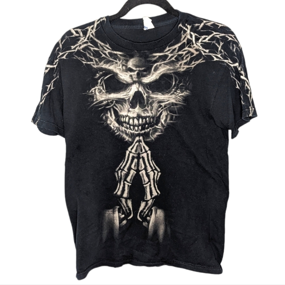 Y2K Gildan Grim Reaper skeleton Grunge Smoke Mist smiling prayer pose mens small